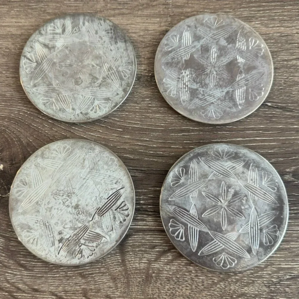 Set of 4 Vintage Silver Tone Metal Resin Cover Coasters 3.5 